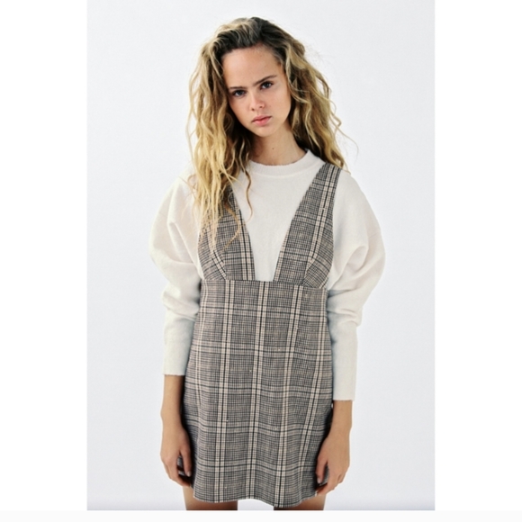 Zara Dress Brown Tan Plaid Pinafore Jumper Mini Dress Sequin Detail Size Medium - Picture 12 of 12
